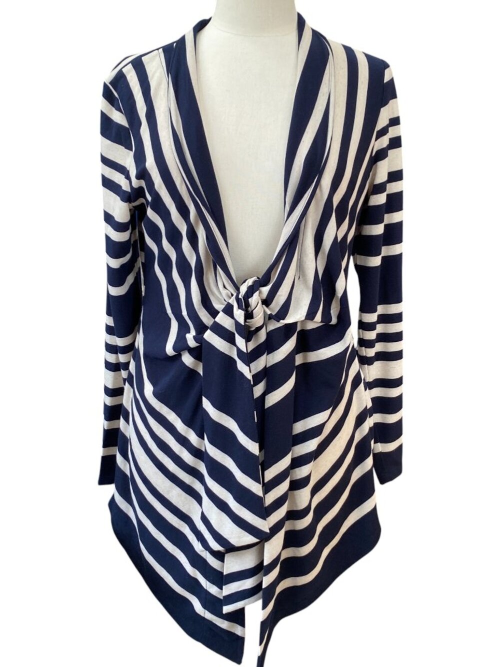 Chicos Striped Tie-Front Jersey Cardigan Navy Blue Nautical Layer Long Linen-2/L